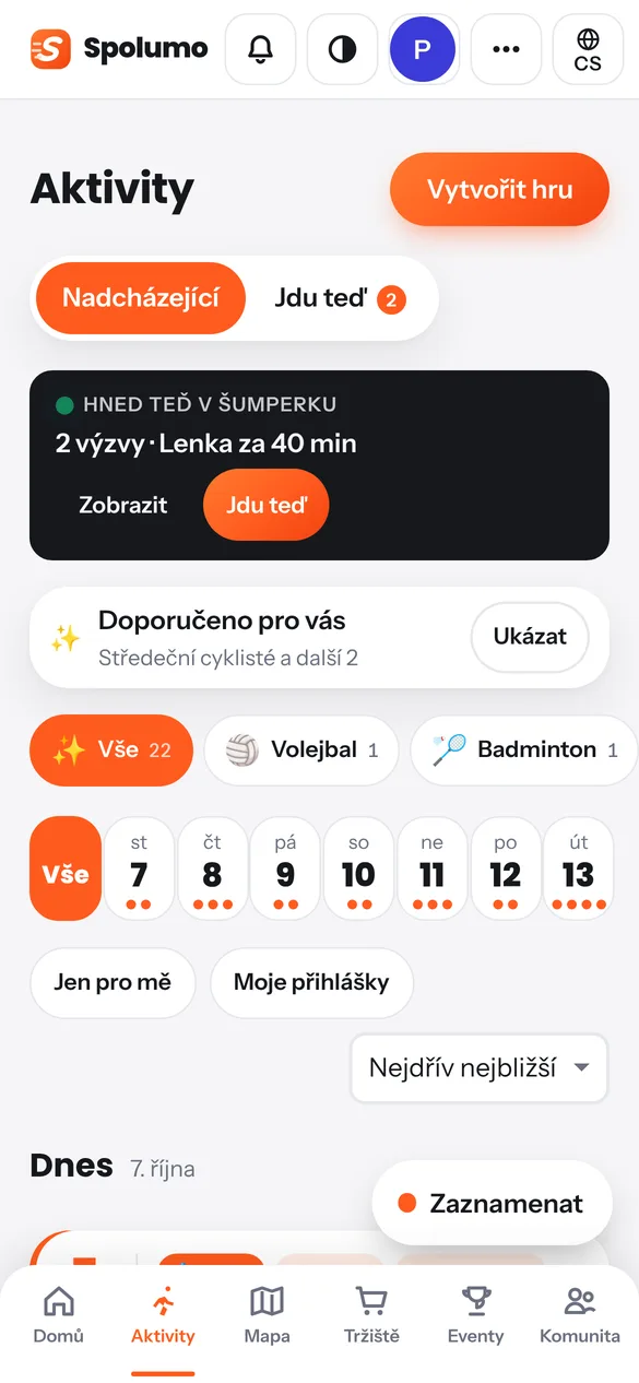 Seznam her v aplikaci Spolumo
